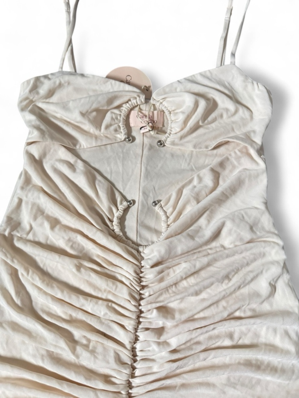 Camila Coelho Yasmeen Midi Dress in Beige Ruched Cutout Wedding Party XS NWT - Picture 6 of 8